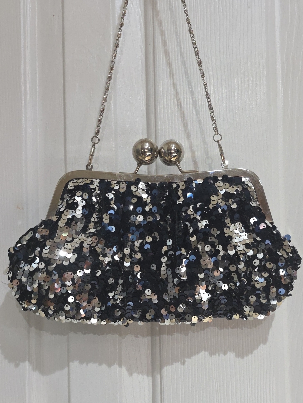 Sequin Evening Clutch Bag in Black and Silver